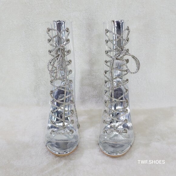 See Me Silver Rhinestone Laces Heels Clear Upper Open Toe Ankle Boots NEW - Picture 13 of 14